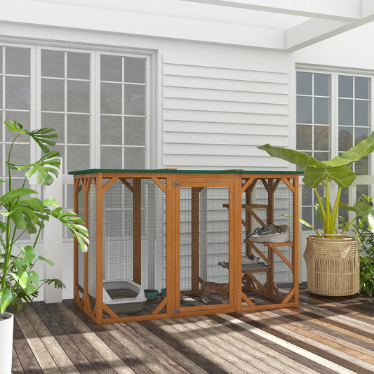Indoor Outdoor Cat Cage, Pet House for Rabbit Kitten, Small Animal Hutch with Waterproof Roof, Multi-Level Platforms, Lock, Orange