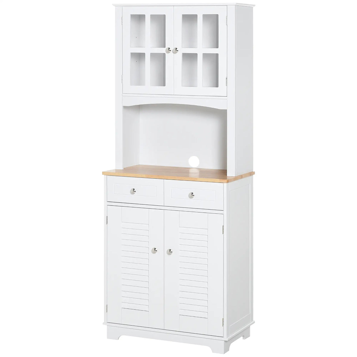 Coastal Kitchen Buffet Hutch, Wood Storage Cupboard, Glass Door, White Kitchen Pantry Cabinets at Gallery Canada
