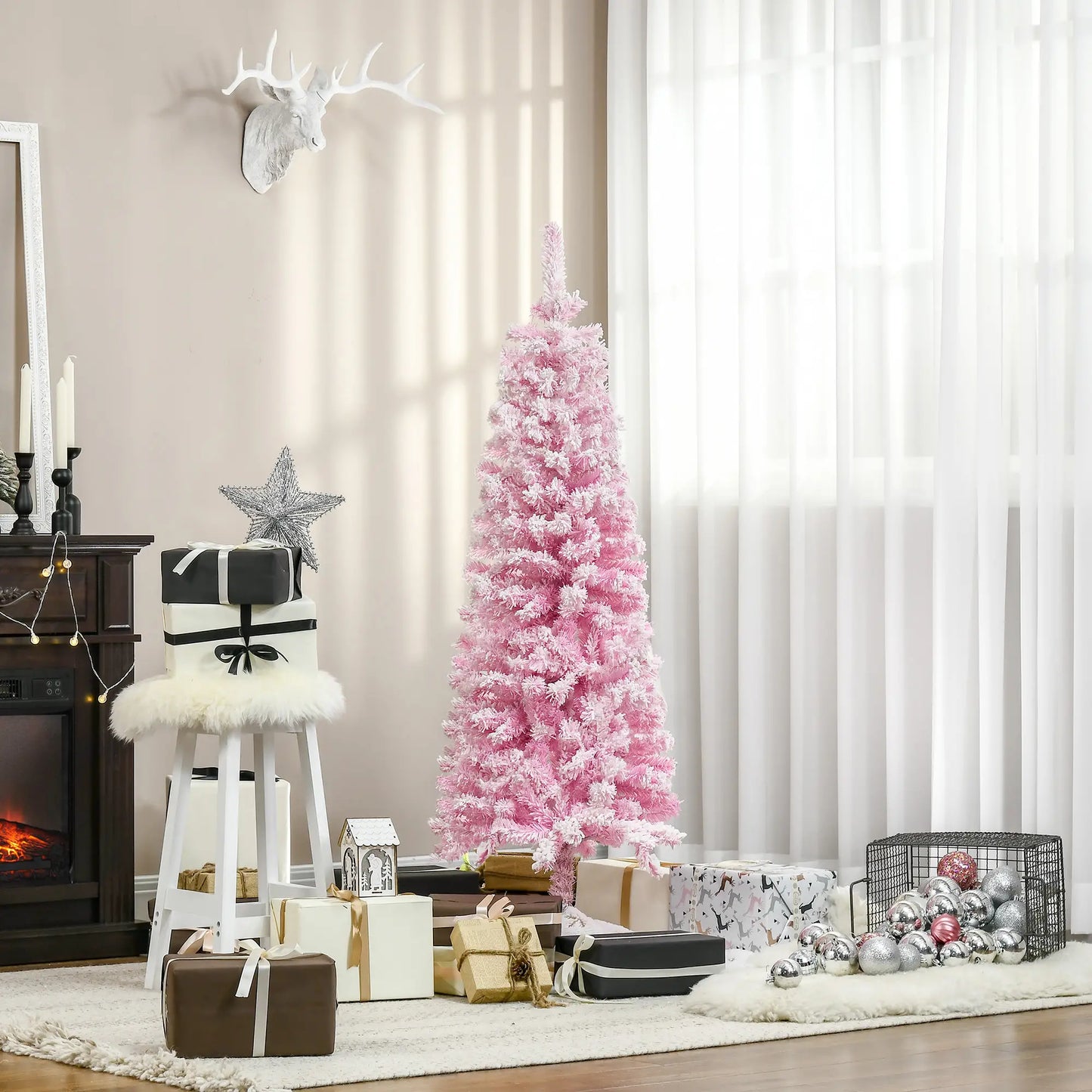 5 FT Snow Flocked Artificial Christmas Tree, Pencil Xmas Tree, Steel Base, Pink Artificial Christmas Trees at Gallery Canada