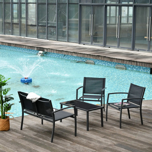 4-Piece Patio Set, Glass Top Coffee Table, Breathable Mesh, Black Patio Furniture Sets Black, Dark Grey at Gallery Canada