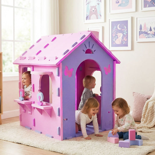 Indoor Cottage Playset with Roof and Chimney for Creative Play-PI, Pink & Purple