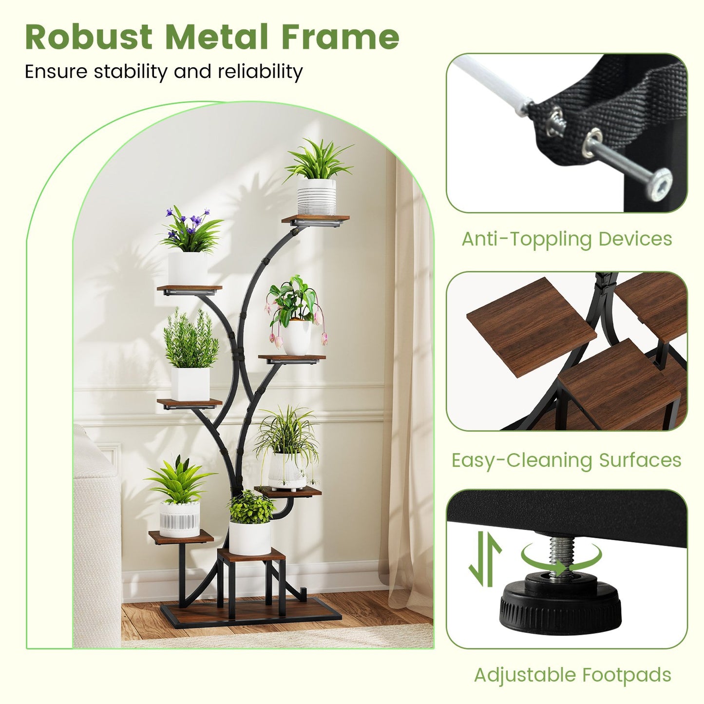 Indoor Plant Stand with Grow Lights 58" Tall 8-Tier Corner Metal Plant Shelf-Set of 1, Brown Plant Stands at Gallery Canada