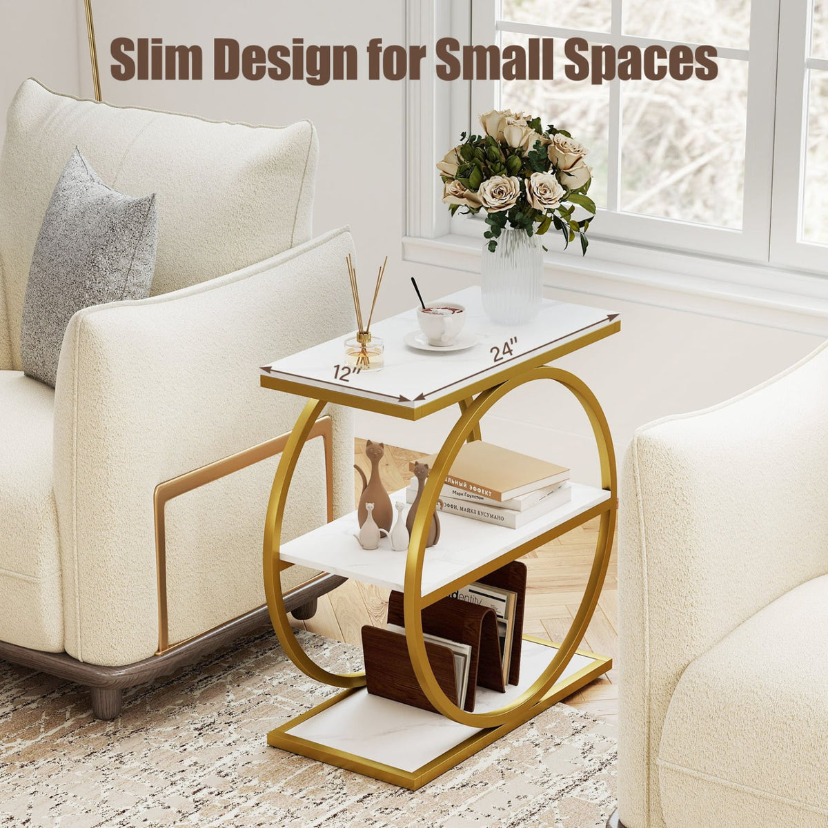 Faux Marble Side Table with Metal Frame, White