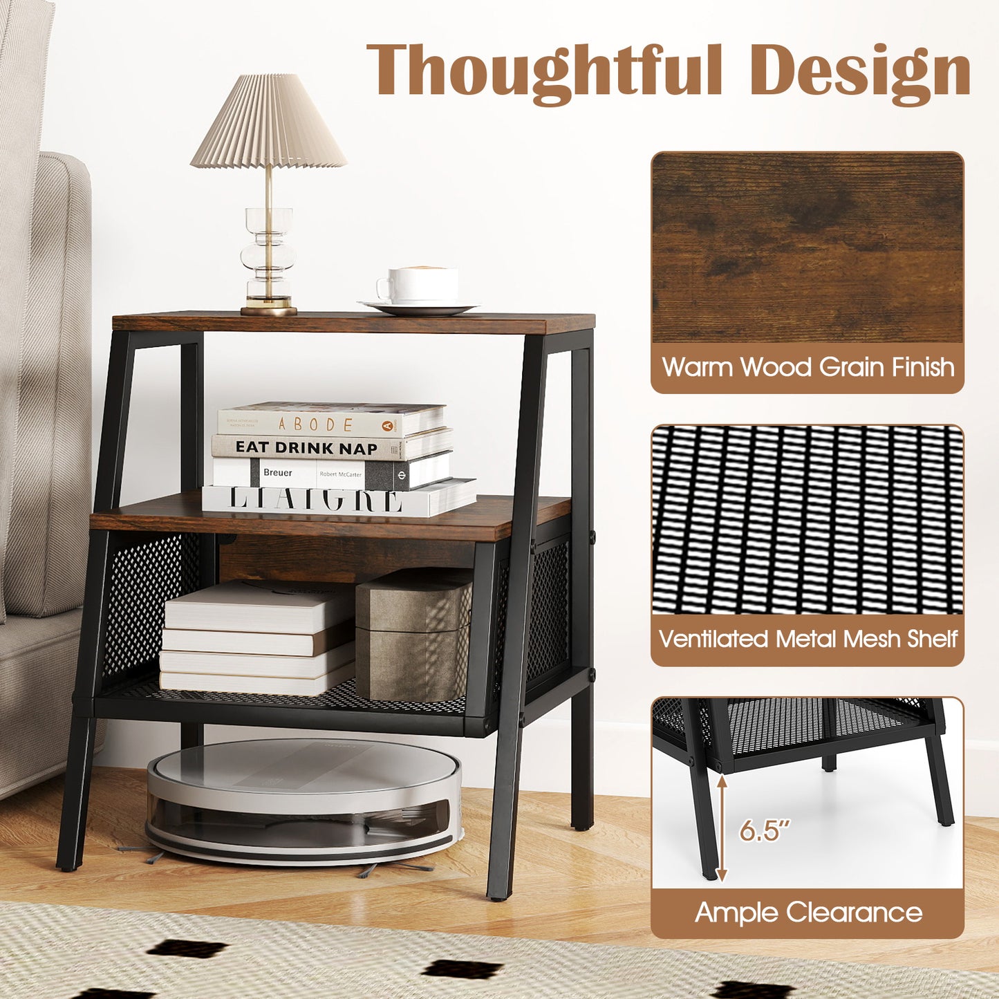 Industrial 3-Tier Nightstand, 2 Open Shelves, Metal Mesh, Rustic, Brown Nightstands at Gallery Canada