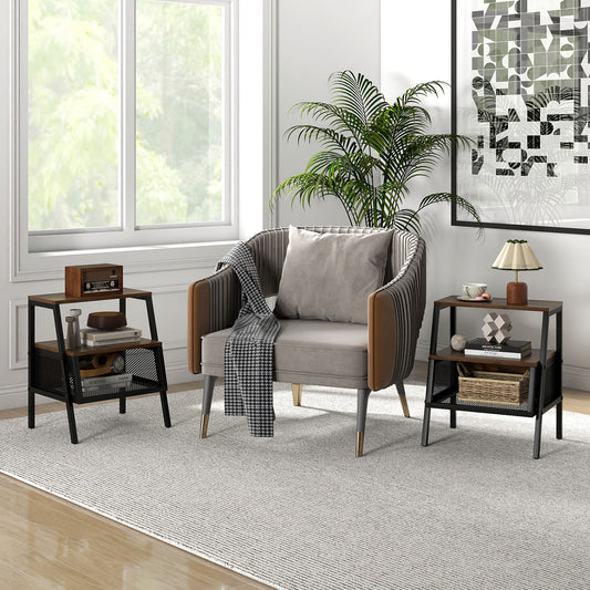 Industrial Nightstand 3-Tier End Table Set of 2 with 2 Open Shelves and Metal Mesh Compartment, Rustic Brown