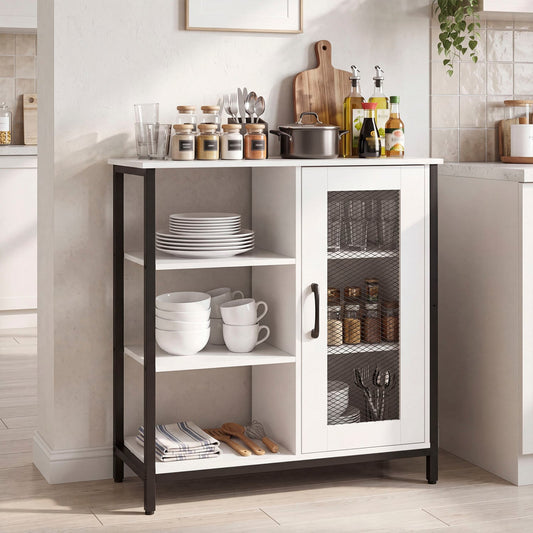 Industrial Side Cabinet, Metal Mesh Door, 3 Open Shelves, White End & Side Tables White at Gallery Canada