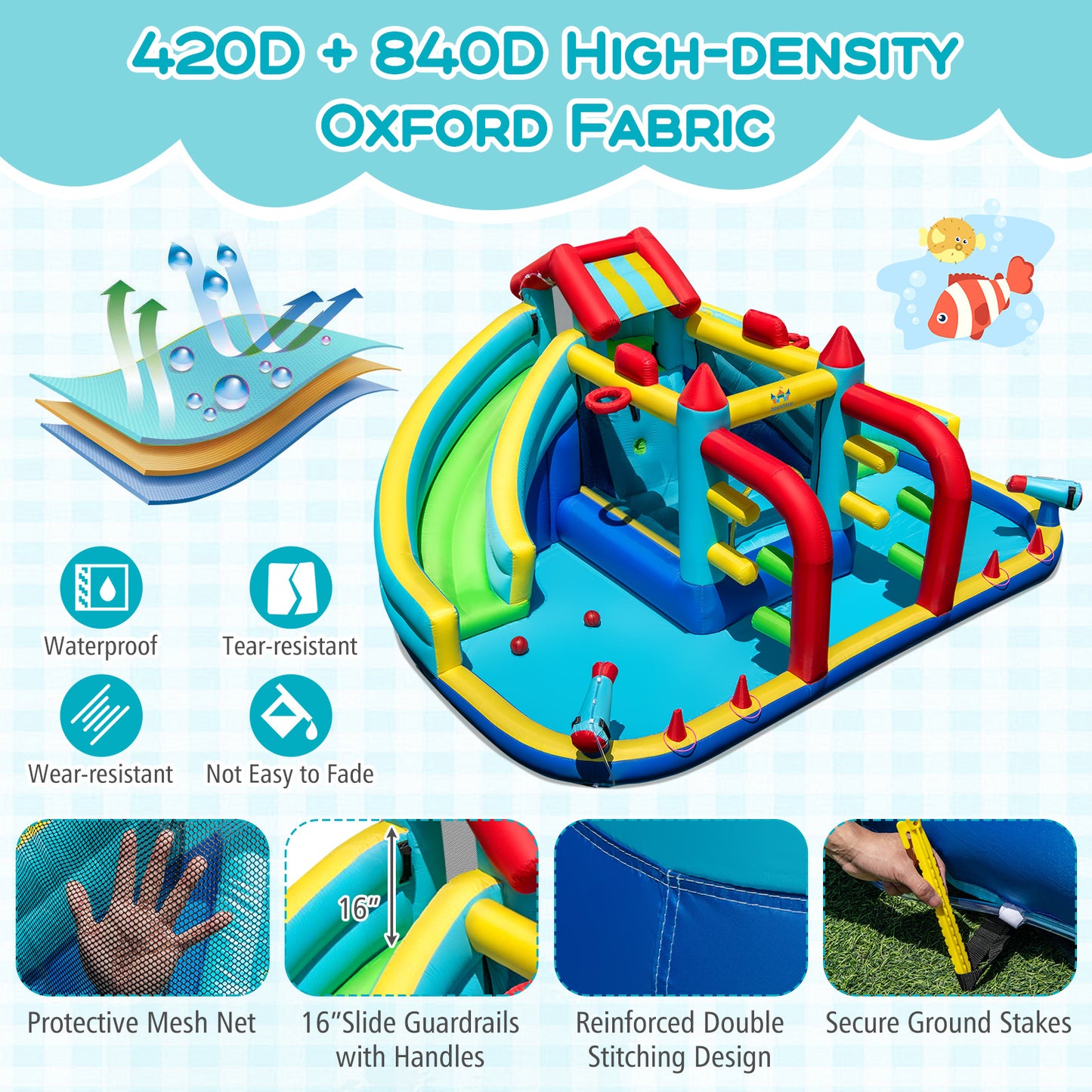Inflatable Double Water Slide Park With Obstacle Course, 735W Blower Inflatable Water Slides at Gallery Canada
