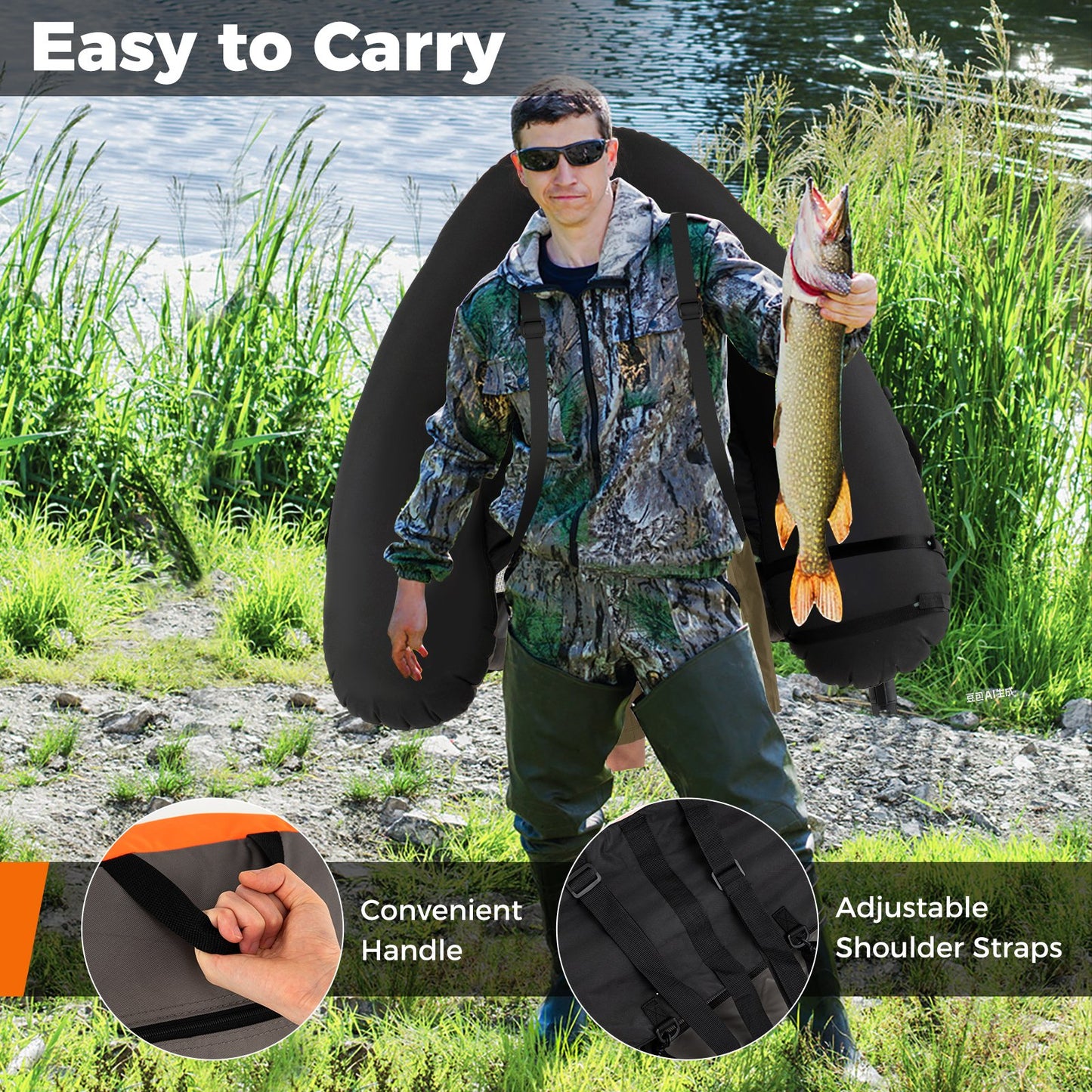 Inflatable Fishing Float Tube with Shoulder Straps and Storage for Angling, Orange Water Sports at Gallery Canada