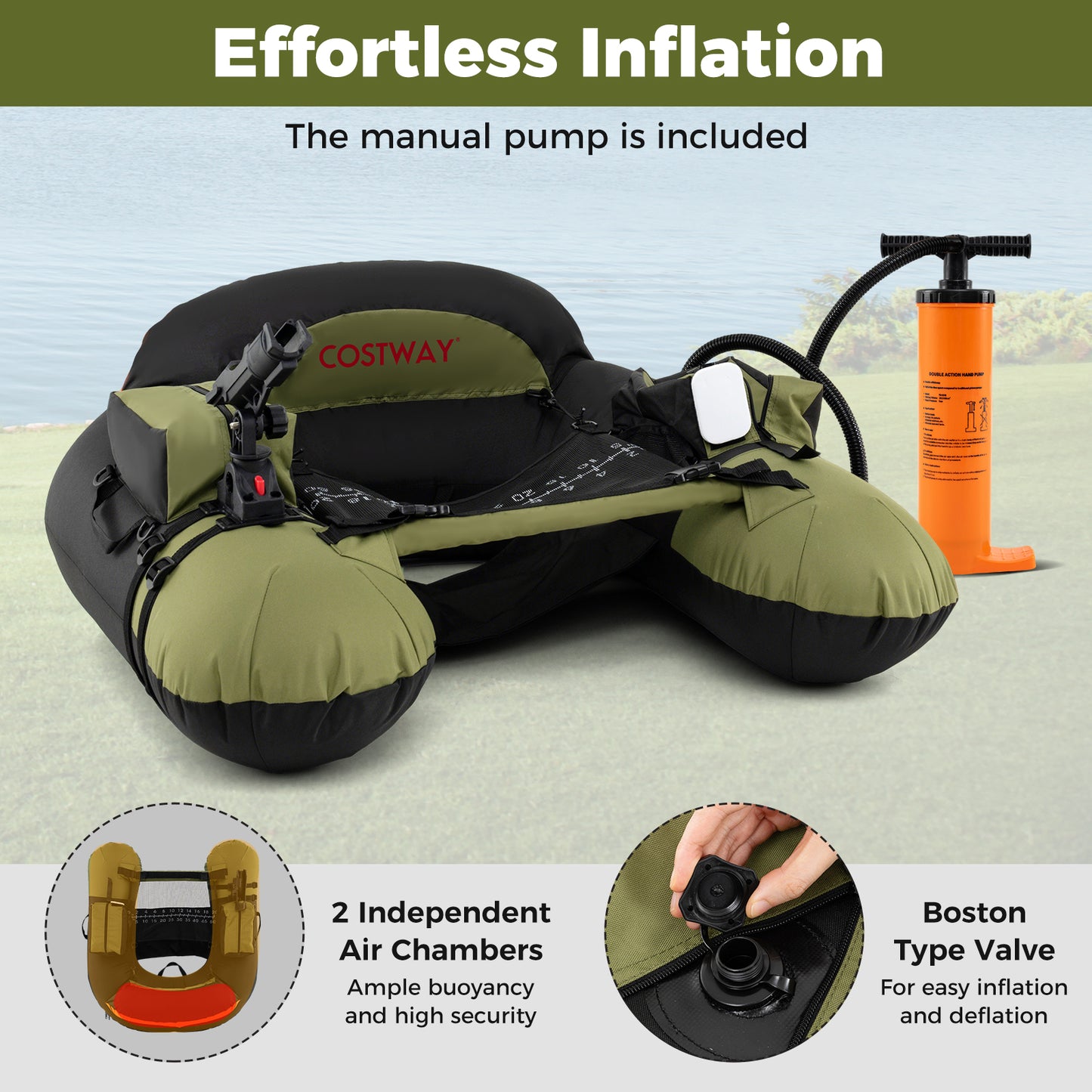 Inflatable Float Tube, Adjustable Fishing Rod Holder, Fish Hook Stator, Green Water Sports at Gallery Canada