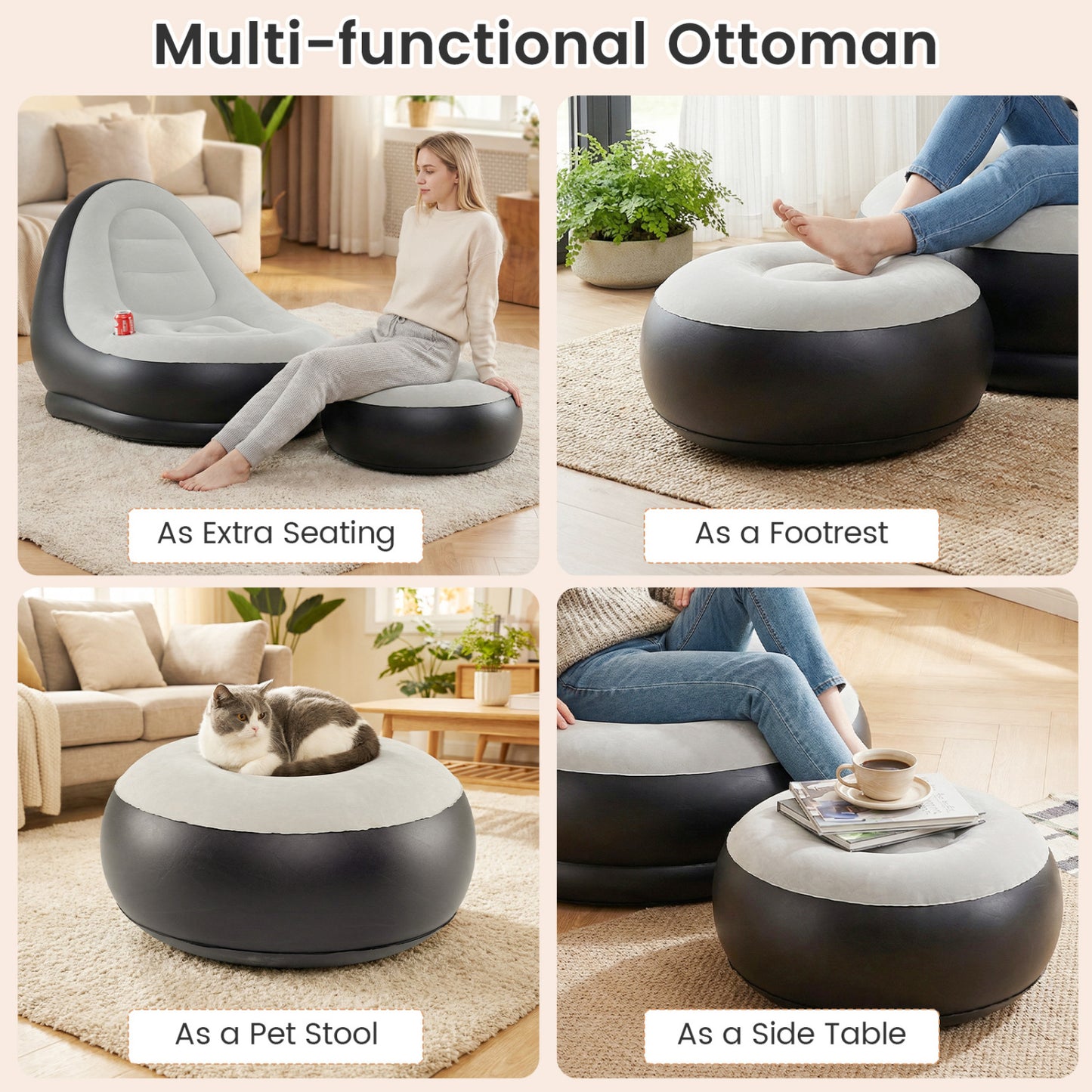 Inflatable Lounge Sofa with Ottoman Portable Air Sofa for Adults with Flocked Surface-Grey, Gray Outdoor Seating & Patio Chairs at Gallery Canada