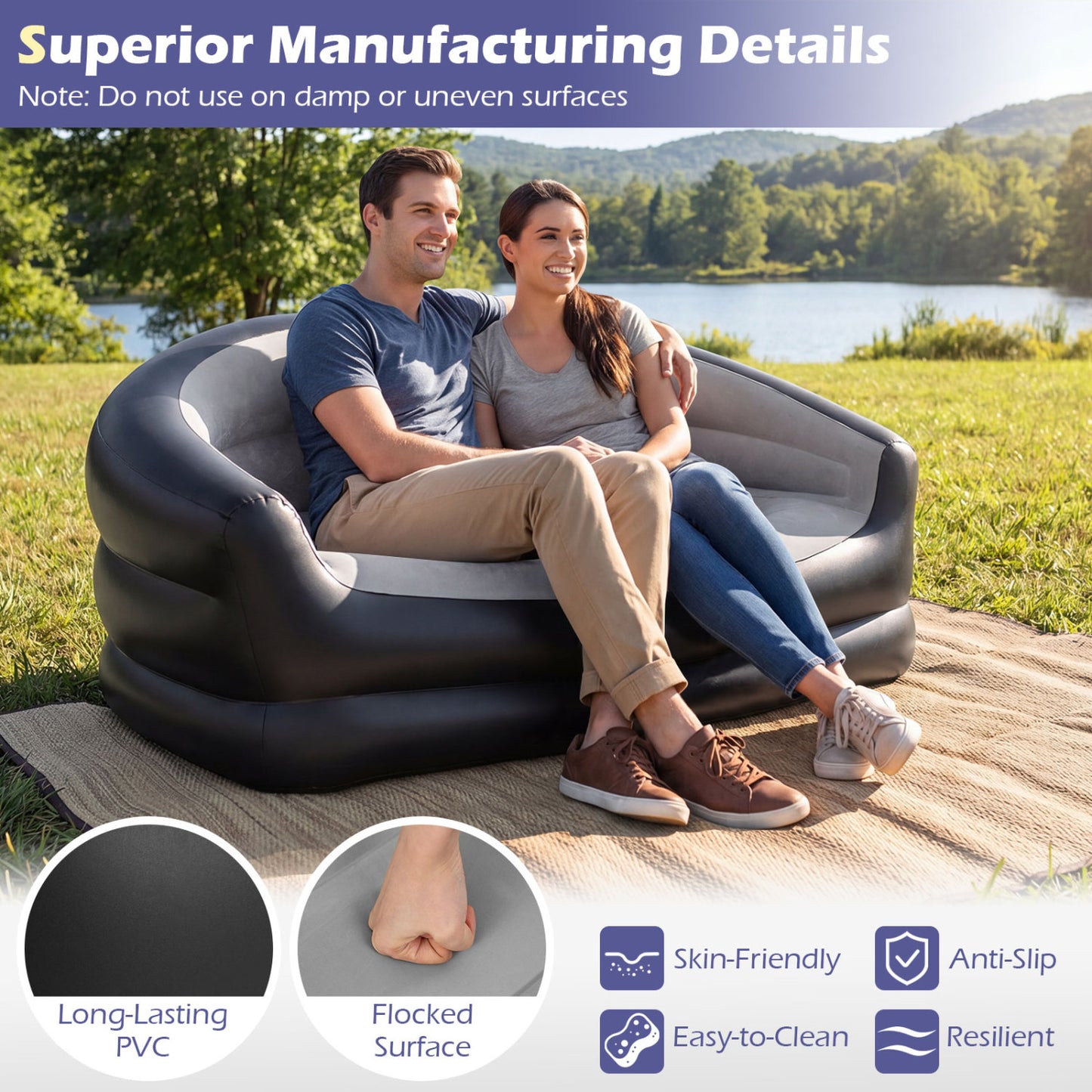 Inflatable Loveseat Couch Portable and Foldable 2-Seater Air Sofa for Adults with Flocked Surface-Grey, Gray Outdoor Seating & Patio Chairs at Gallery Canada