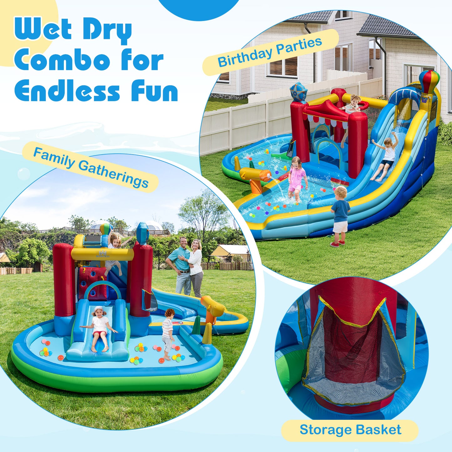 Inflatable Water Park with Splash Pool 50 Ocean Balls and 750W Blower, Multicolor