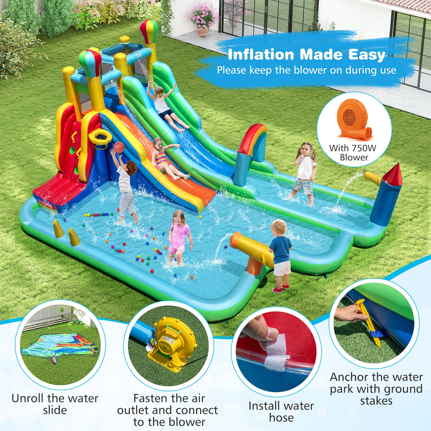 Inflatable Water Slide Park Giant Bounce House with 750W Blower, Blue Inflatable Water Slides at Gallery Canada
