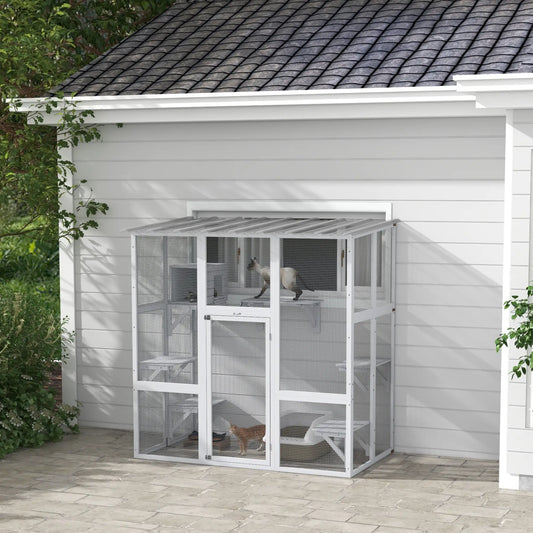 Outdoor Cat Enclosure, Window Box, Weatherproof Roof, Bridge, Resting Box, Platforms, for 2 Kittens, White Outdoor Cat Enclosures White at Gallery Canada