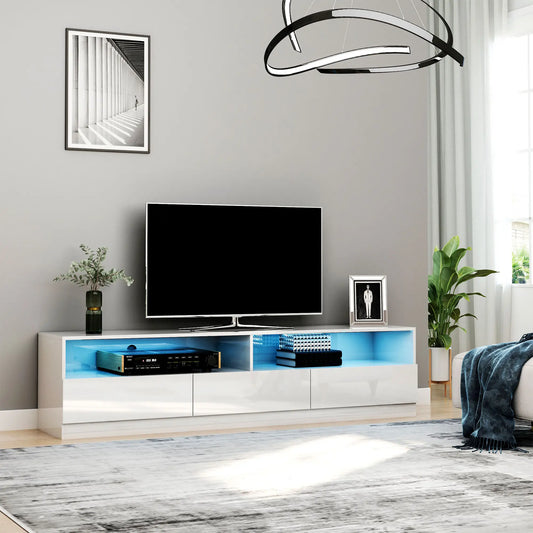 LED Lighted TV Stand for 75" TVs, Modern Cabinet with Drawers, High Gloss, White TV Stands High Gloss White at Gallery Canada