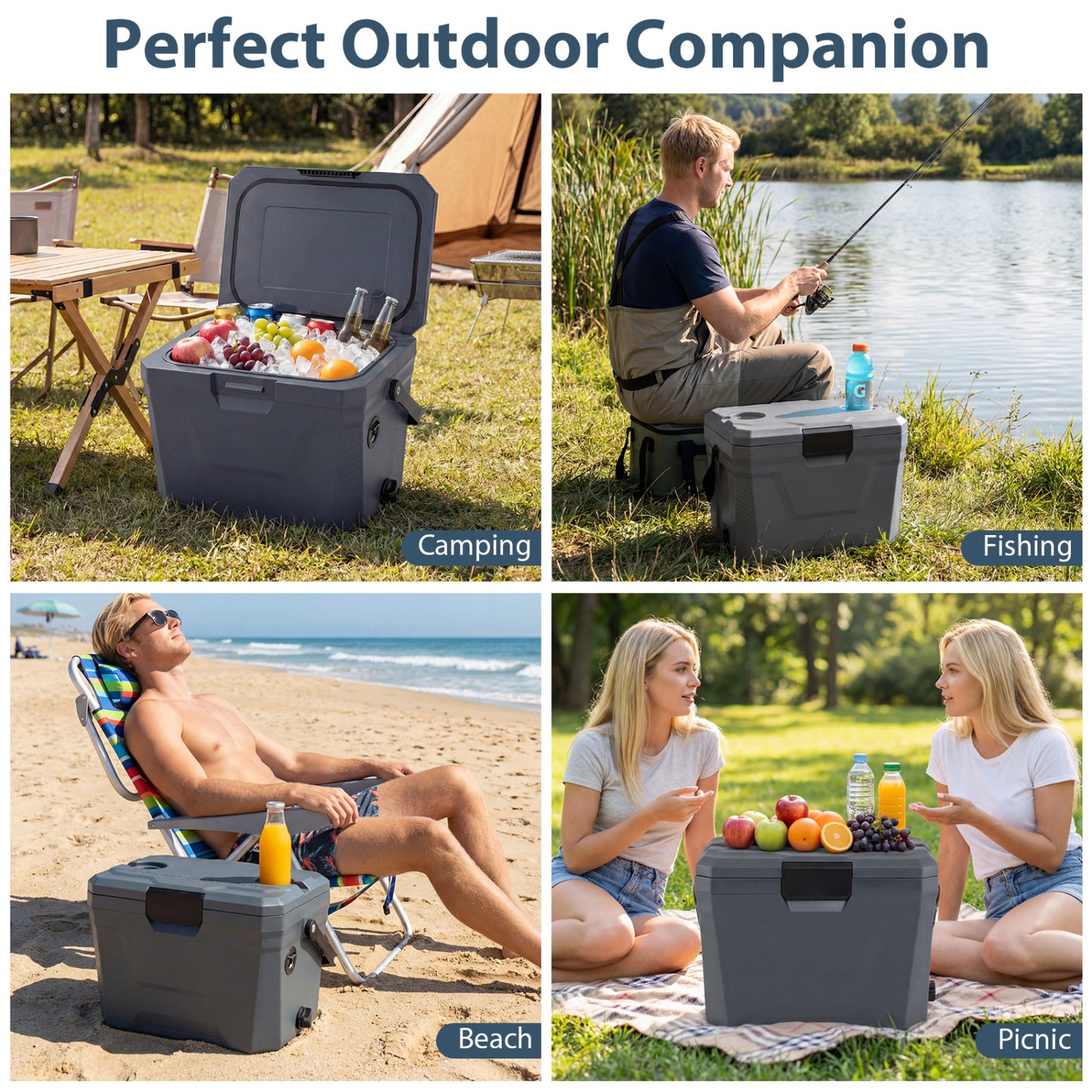 Insulated Portable Cooler, Hard Shell Ice Chest, 2 Cup Holders, Gray Coolers at Gallery Canada