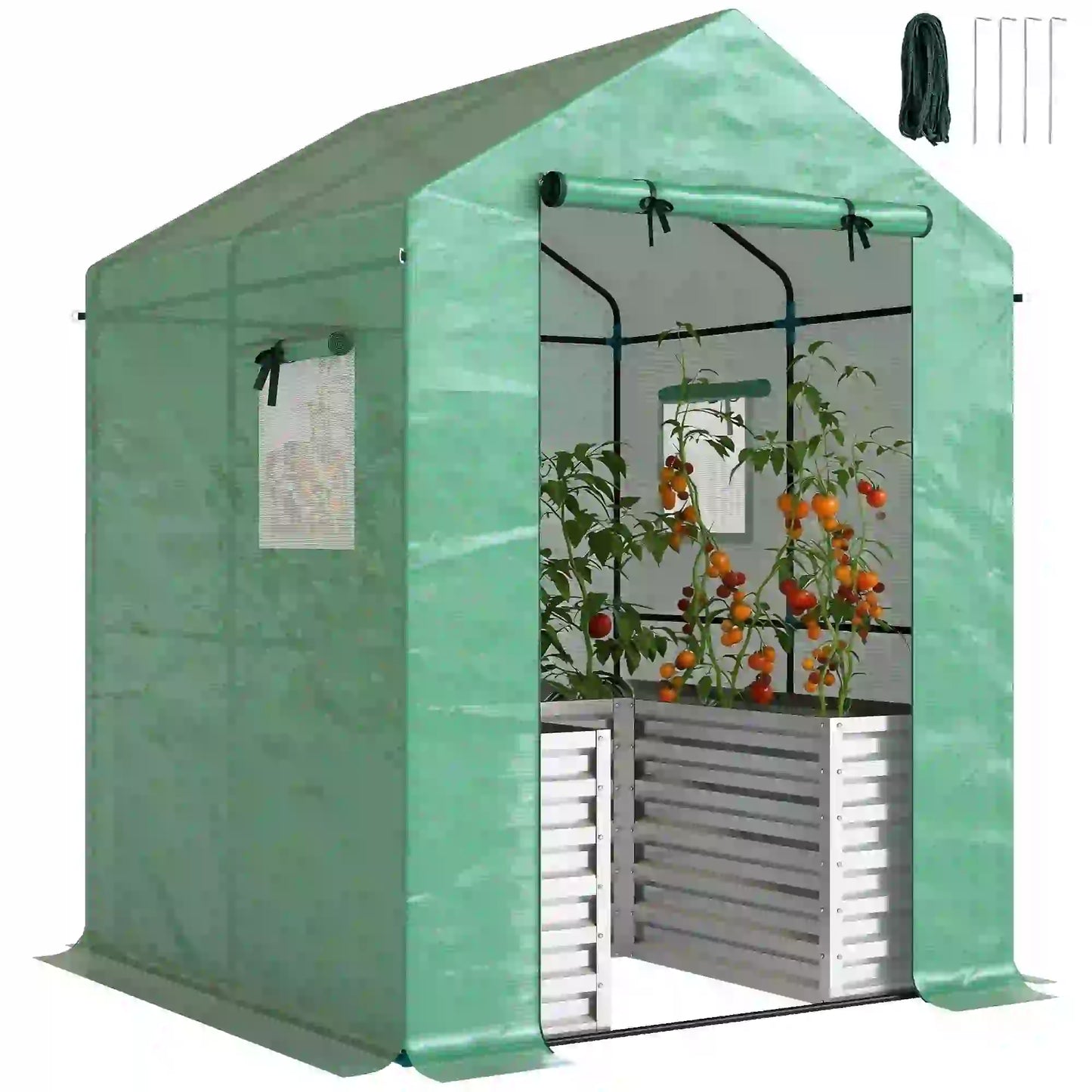 Greenhouse With Raised Garden Bed, Galvanized Metal Planter Box, 56" x 56" x 75", Green Portable Greenhouses at Gallery Canada