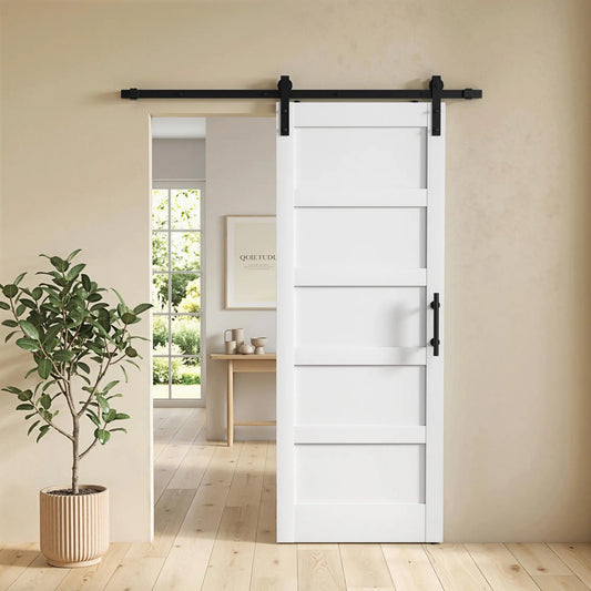 32x84 Sliding Barn Door with Hardware Kit, Shaker Style, White Wood Grain, White Door Hardware White Wood Grain at Gallery Canada