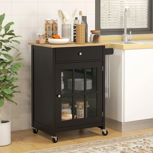 Rolling Kitchen Cart, Drawer and Glass Door Cabinet, Black Kitchen Islands & Kitchen Carts Black, Oak at Gallery Canada