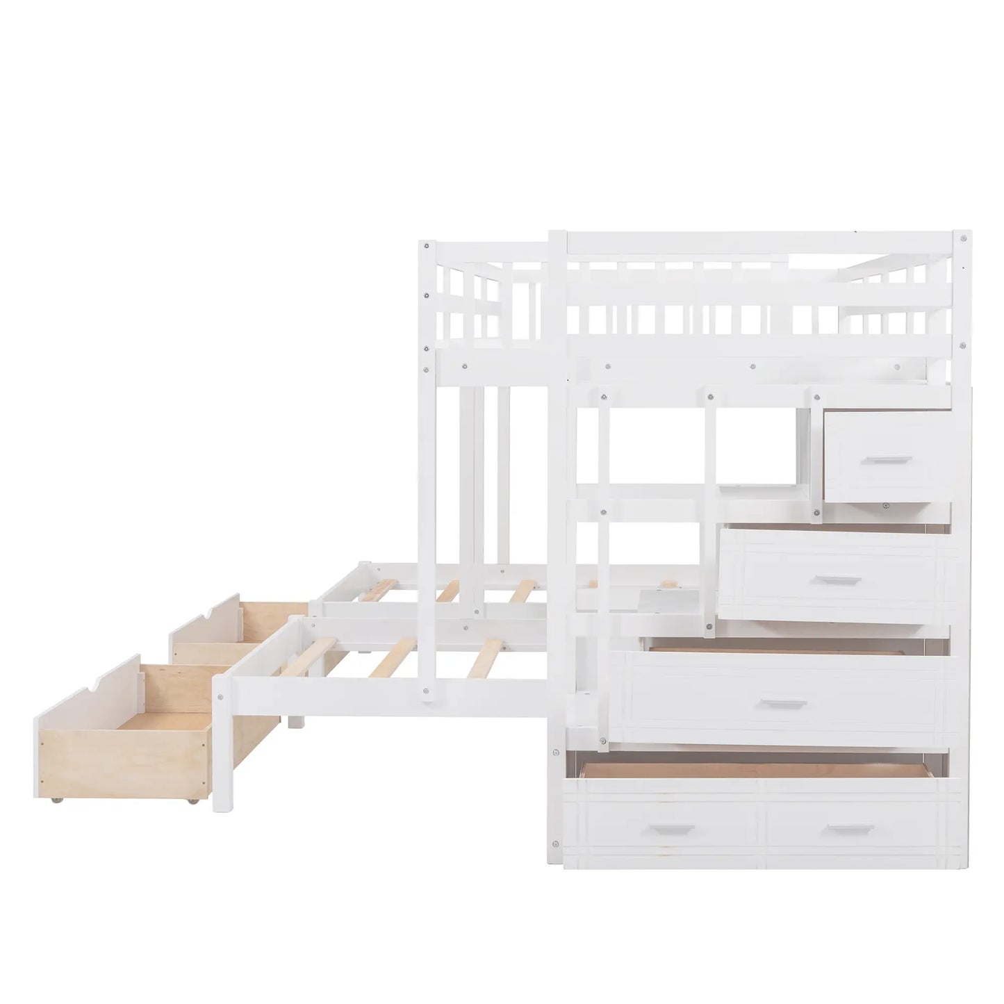 Twin Triple Bunk Bed with Storage Drawers, Pine Wood Frame, 115" L x 76" W x 64.5" H, White Bed Frames at Gallery Canada