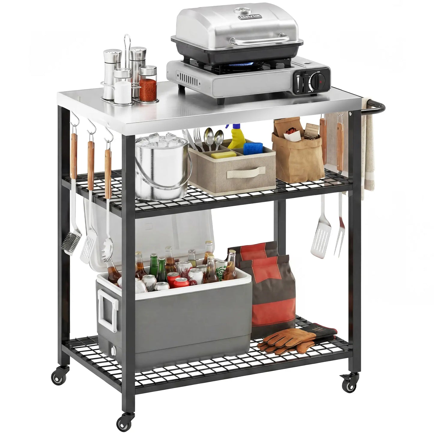 Outdoor Grill Cart With Stainless Steel Top, Two-Shelf Pizza Oven Stand, Black Outdoor Grill Carts at Gallery Canada