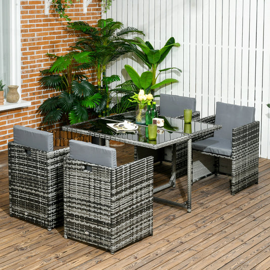 5 Piece Wicker Patio Dining Set, Glass Top Table, Grey Outdoor Dining Sets Mixed Grey Rattan, Light Grey Cushion at Gallery Canada