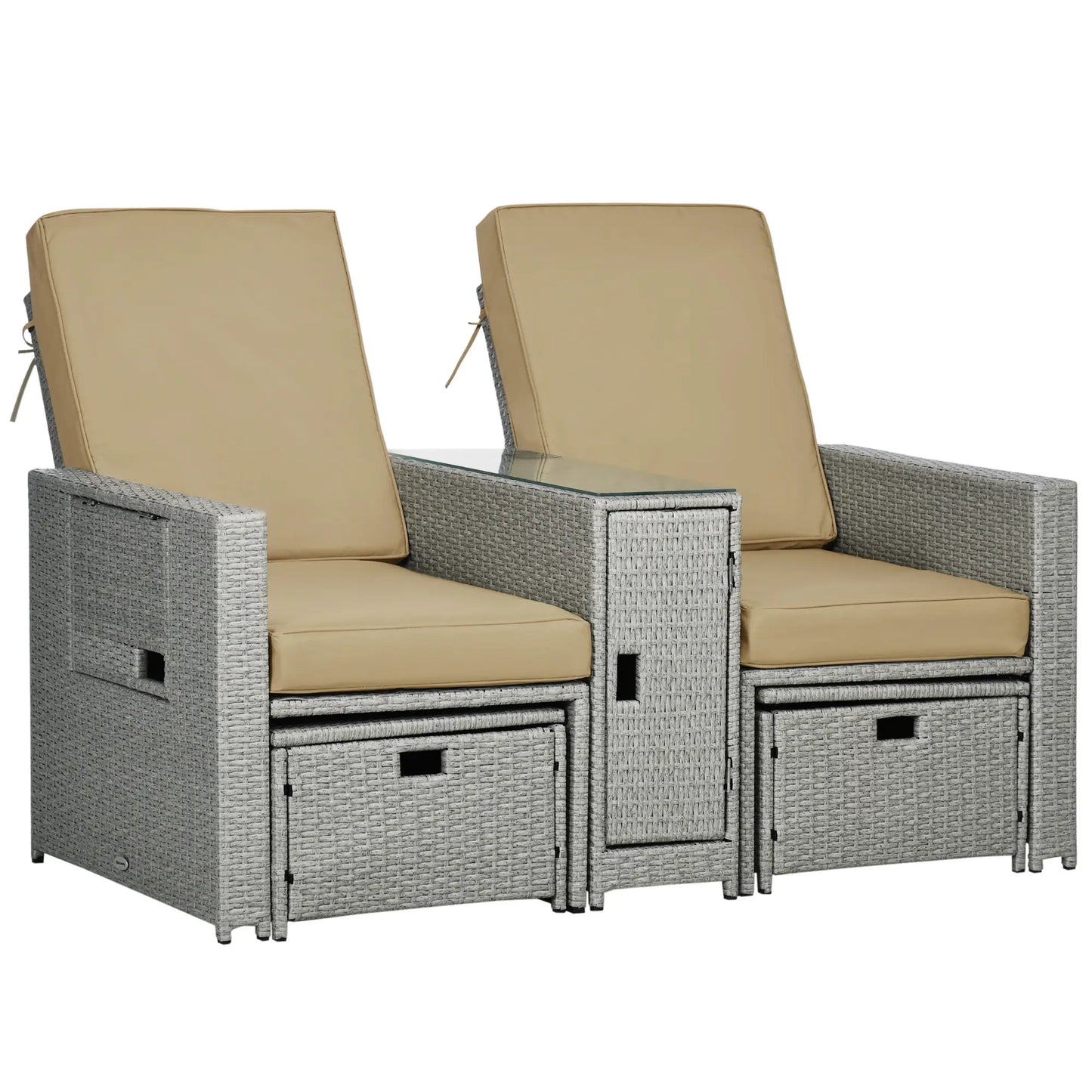 5PC Wicker Patio Lounger, Adjustable Recliner Sofa Bed, Storage Side Table, Footstools, Khaki Chaise Loungers at Gallery Canada