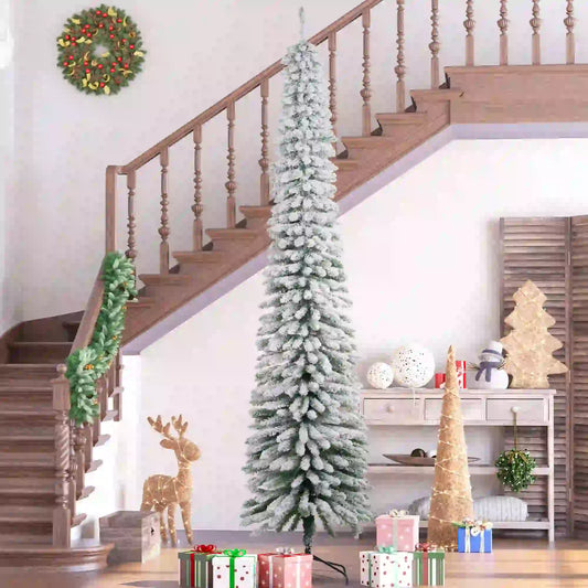9ft Snow-Flocked Artificial Christmas Tree, Slim Pencil, Metal Base, Green Flocked Christmas Trees Green at Gallery Canada