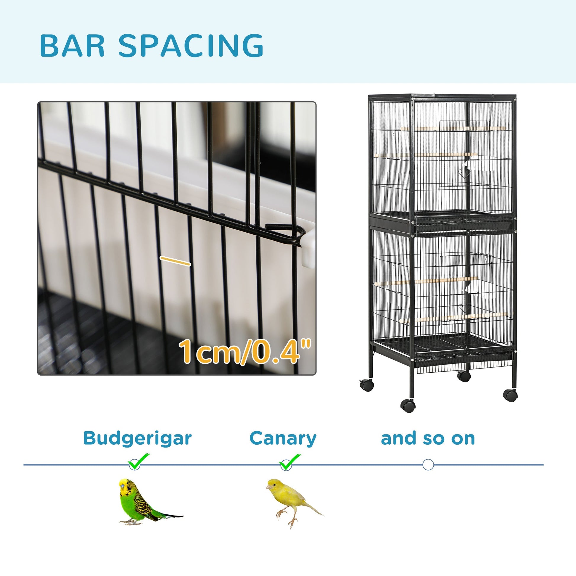 55.1" 2 In 1 Bird Cage Aviary Parakeet House for finches, budgies with Wheels, Slide-out Trays, Wood Perch, Food Containers, Black at Gallery Canada