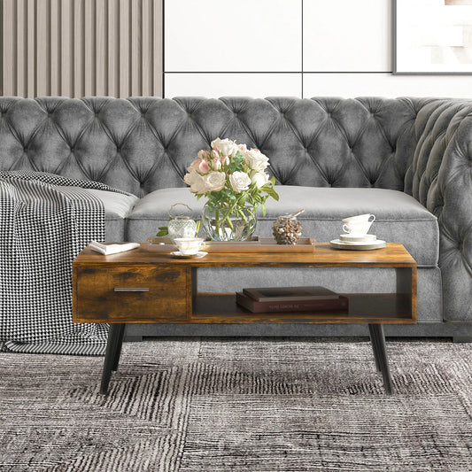 Retro Coffee Table with Storage, Vintage Wooden Side Table, Rustic Brown, Brown Coffee Tables Rustic Brown at Gallery Canada
