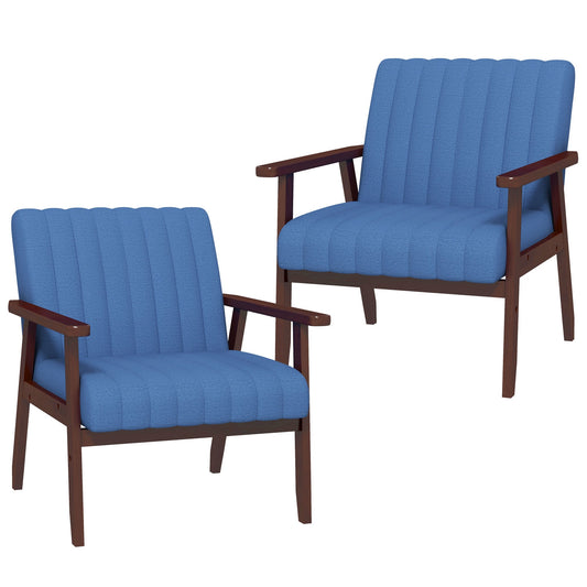 Set of 2 Accent Chairs, Modern Upholstered Armchairs for Living Room with Wooden Legs and Tufting Design, Dark Blue - Gallery Canada
