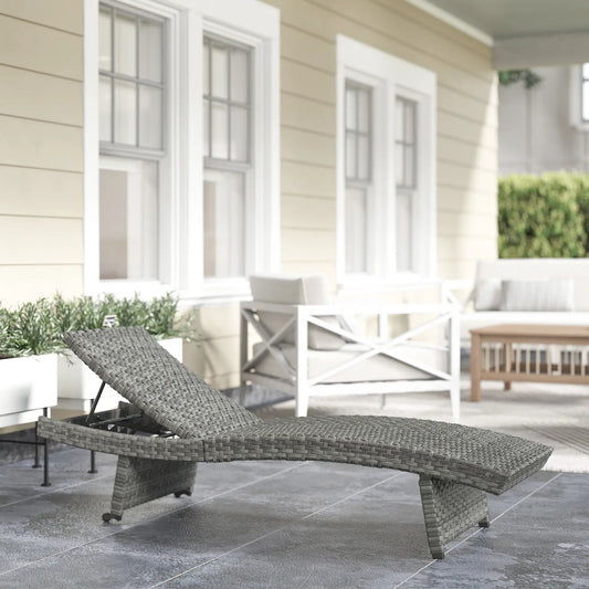 Folding Wicker Outdoor Chaise Lounge, 4-Level Adjustable Backrest, Grey Wicker Chaise Loungers Grey at Gallery Canada