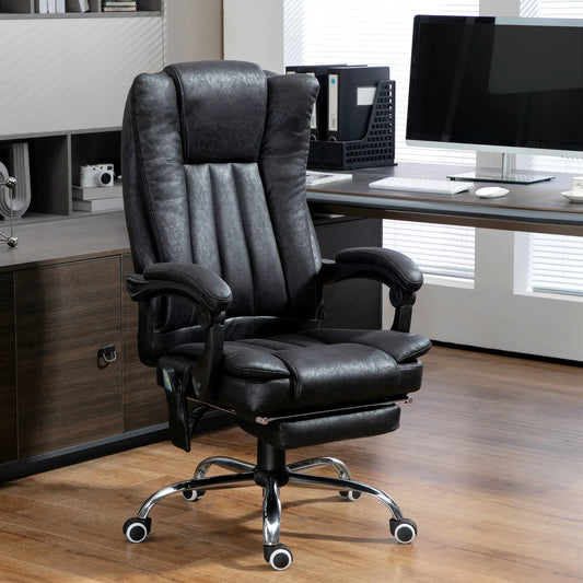 Chaise de bureau, Massage par vibration à 6 points, Réclinable en microfibre, Repose-pieds escamotable, Noir