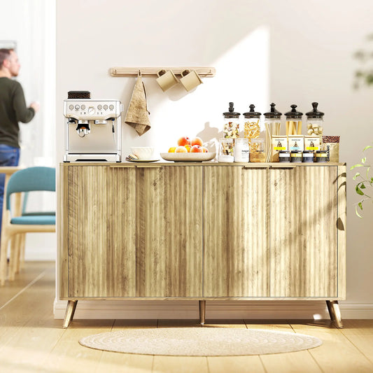 55" Modern Buffet Cabinet, 4 Fluted Doors, 2 Adjustable Shelves, White Storage Cabinets Oak at Gallery Canada