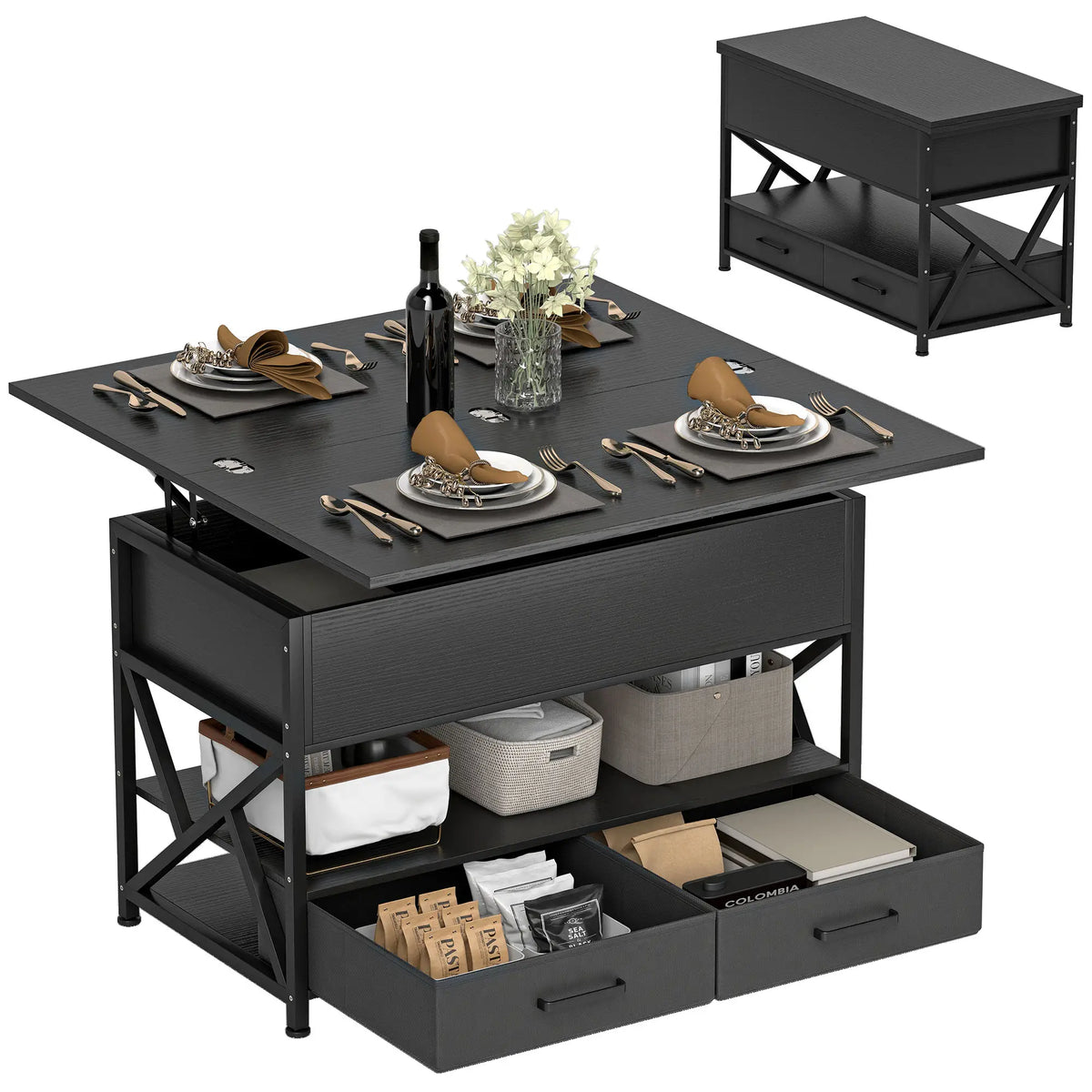 Table baselle moderne à plateau relevable, tiroirs en tissu, rangement caché, noir vieilli