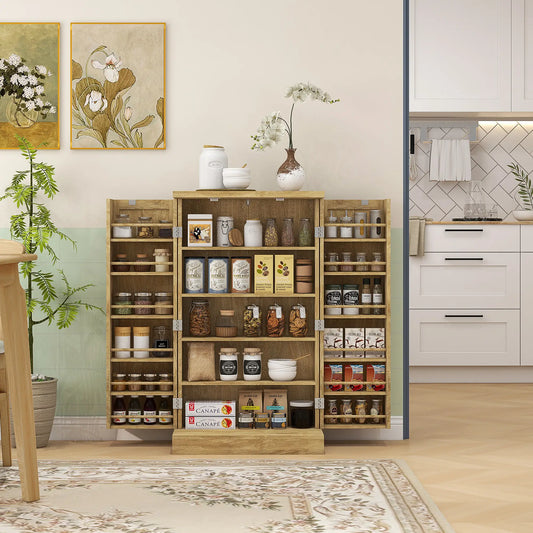 41" Rattan Kitchen Storage Cabinet, 5-Tier Shelf, 12 Spice Racks, Adjustable Shelves, Natural Kitchen Pantry Cabinets Natural at Gallery Canada