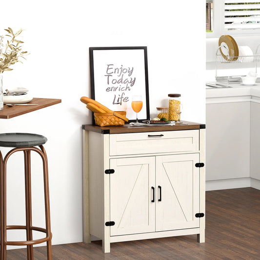 Farmhouse Kitchen Cabinet, Sideboard with 2 Barn Doors, Drawer, White