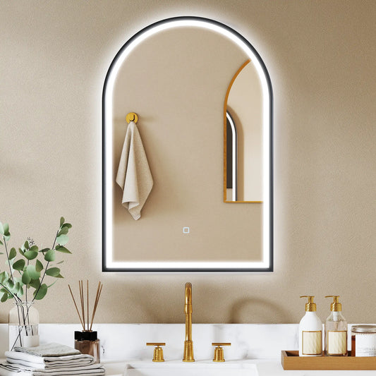 24" x 36" LED Bathroom Mirror, Arched Tempered Glass, Anti-Fog, Dimmable, Black