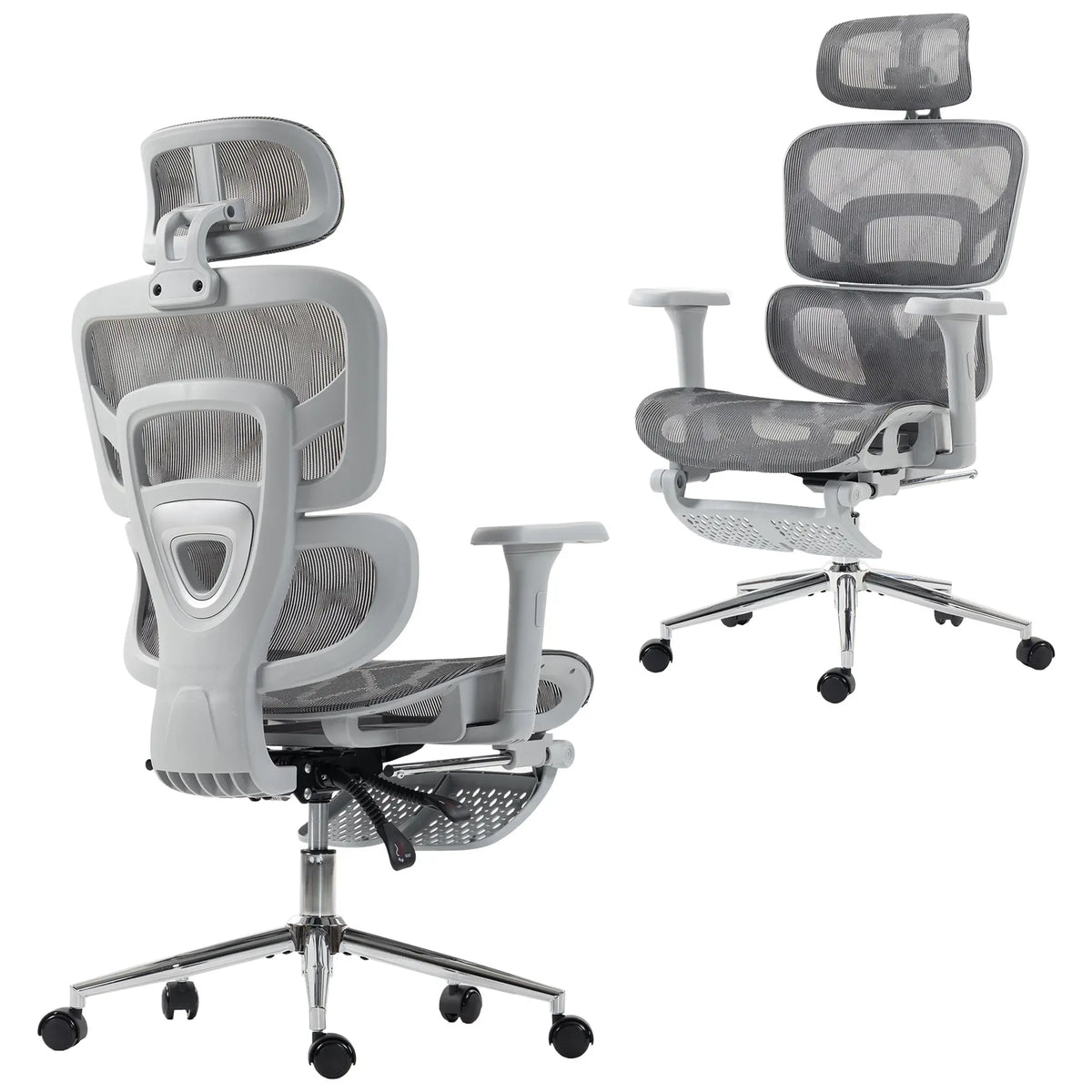 Chaise de bureau ergonomique, dossier inclinable en maille, grise