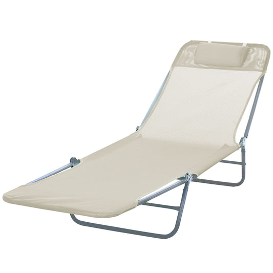 Outdoor Lounge Chair, Portable Adjustable Reclining Seat Folding Chaise Lounge Patio Camping Beach Tanning Chair Bed with Pillow, Beige