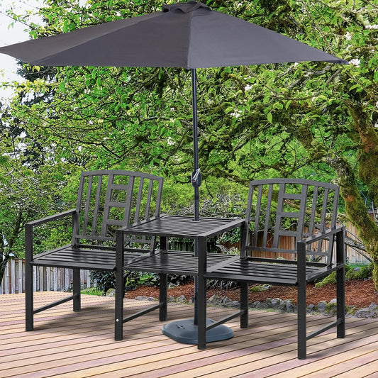 Steel Garden Bench With Table, Umbrella Hole, Black Outdoor Benches Black at Gallery Canada
