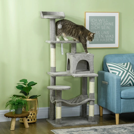 Arbre à chat de 56" de haut, Tour multi-niveaux avec hamac, Lit, Condo, Poteaux à griffer en sisal, Gris