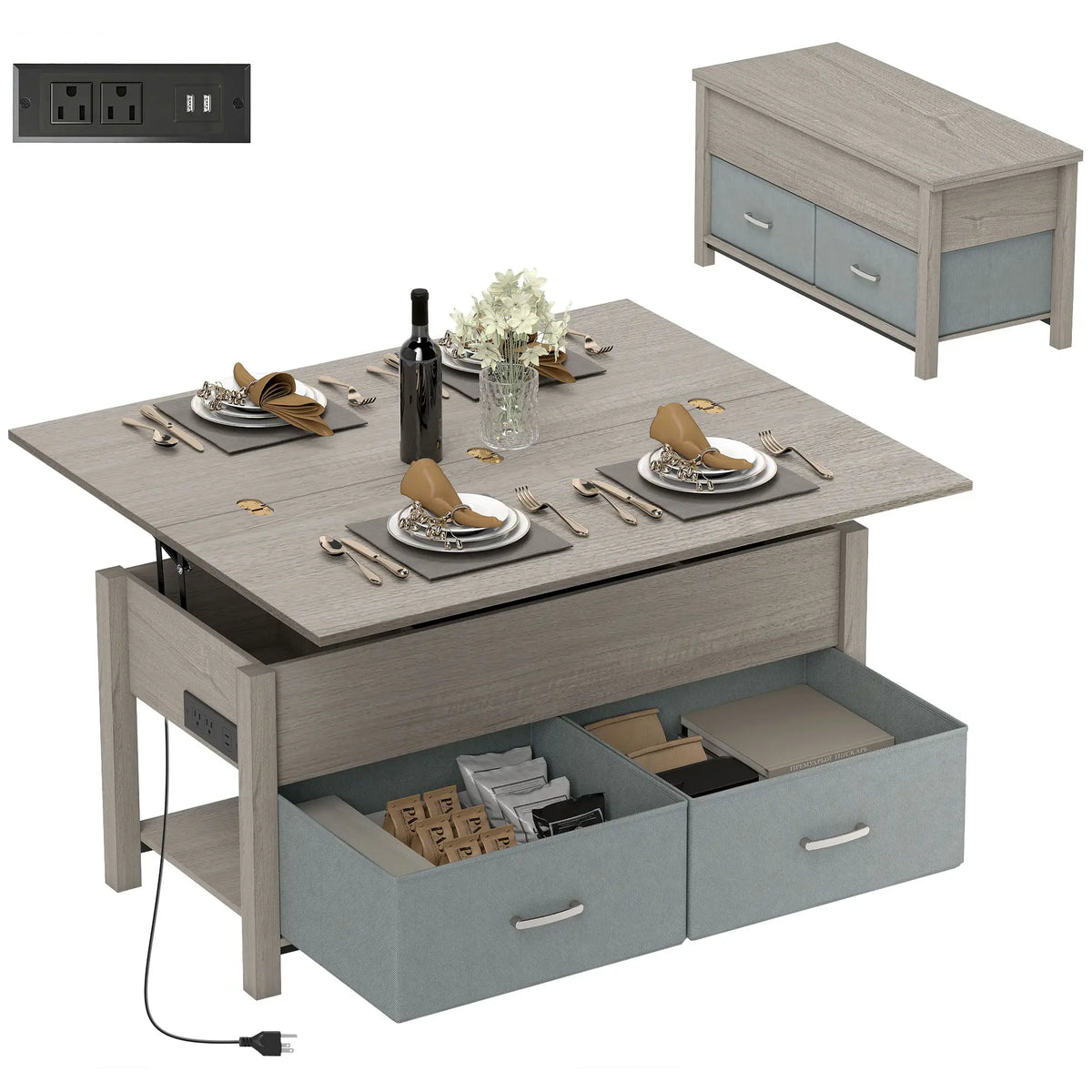 Lift Top Coffee Table, 3 Hidden Compartments, 2 Fabric Drawers, Expandable Top, Charging Station Coffee Tables at Gallery Canada