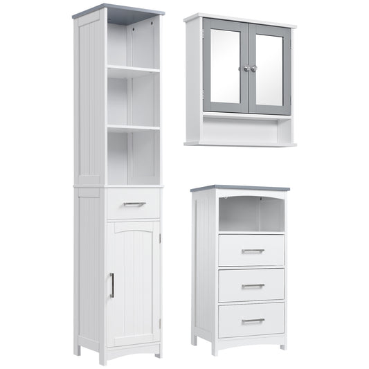 3-Piece Bathroom Furniture Set, Tall and Small Floor Cabinets, Wall Mount Medicine Cabinet with Mirror, Narrow Bathroom Storage Cabinet with Drawers and Shelves, White - Gallery Canada