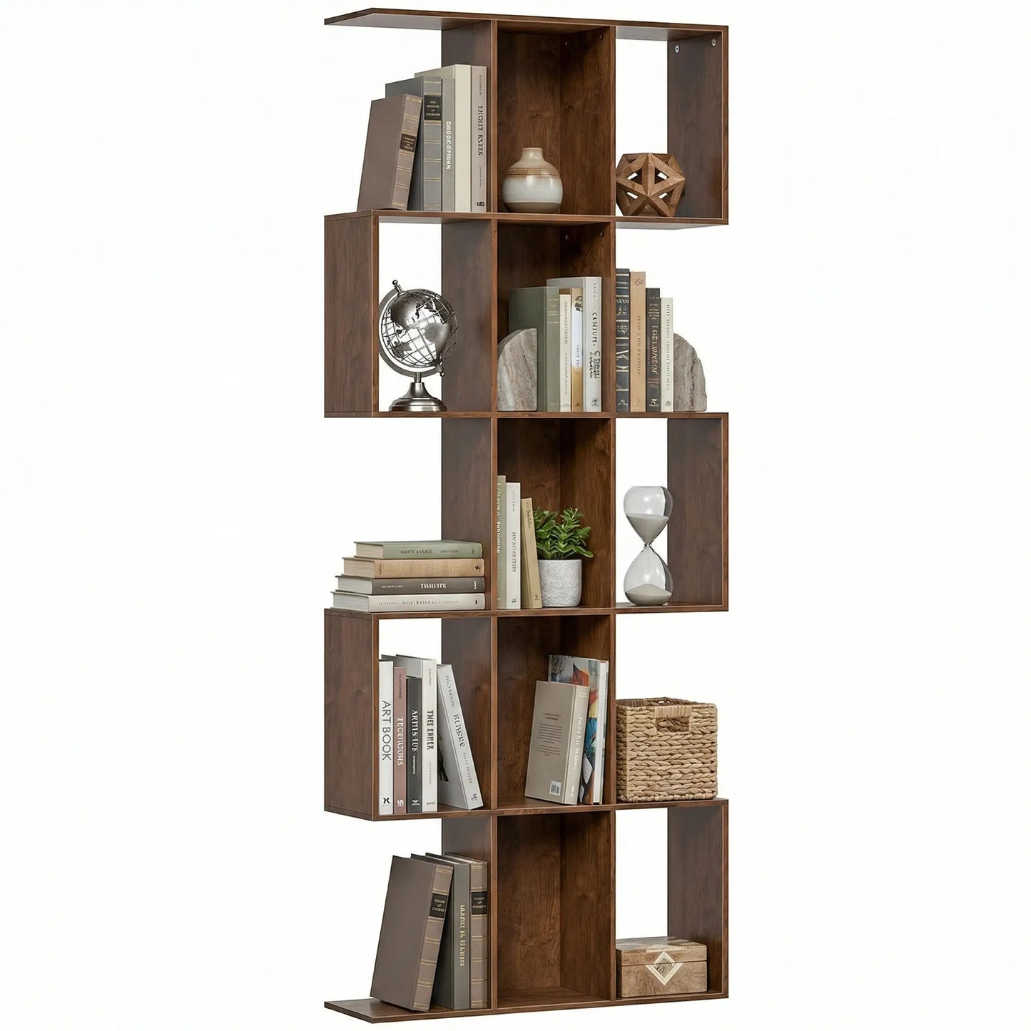 5-Tier S Shaped Geometric Bookshelf, 15 Compartments, Black Wood Grain, Black Display Bookshelves at Gallery Canada