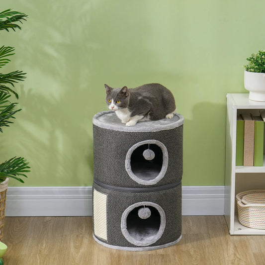 2-Story Cat Condo, Barrel Tree with Perch, Hideaways, Scratching Board, Dark Grey Cat Towers Dark Grey, Light Grey, Cream White at Gallery Canada