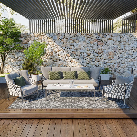 Portable Outdoor Rug, 9' x 12', Waterproof, White Flower, Gray Outdoor Reversible Rugs Options at Gallery Canada