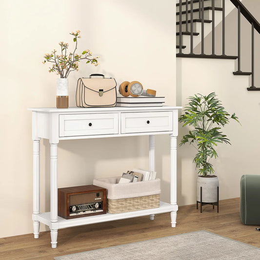 Modern Hallway Console Table, 2 Drawers, Storage Shelf, Turned Legs, White Console Tables White at Gallery Canada