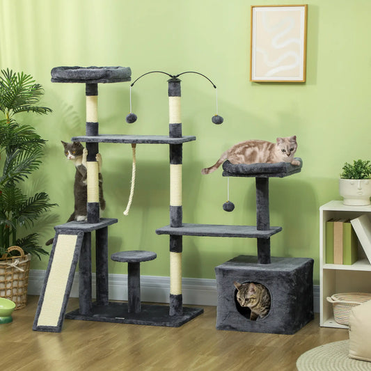 53" Cat Tree, Scratching Posts, Condo, Beds, Platforms, Toy Balls, Dark Grey Cat Towers Dark Grey, Cream White at Gallery Canada