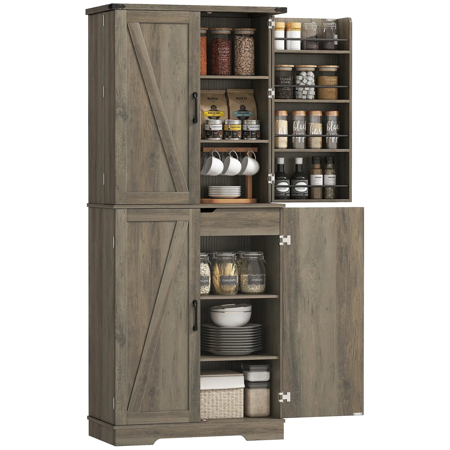 72 Inch Kitchen Pantry Cabinet, Farmhouse Storage with 4 Doors, Drawer, Grey Kitchen Pantry Cabinets at Gallery Canada